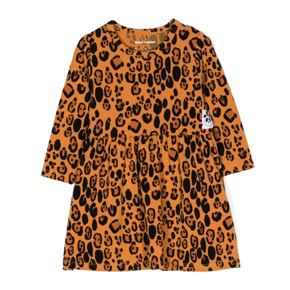 MINI RODINI Leopard Print Girls Dress Tan 7-9Y‎